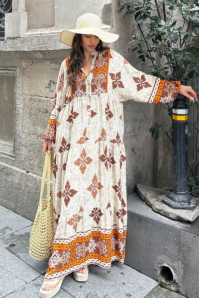ASEDE 100% Viscose Bohemian Alaçatı Dress V-Neck Ethnic Patterned Viscose Dress Suitable for Hijab