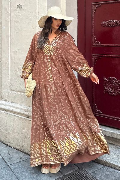 ASEDE 100% Viscose Bohemian Alaçatı Dress V-Neck Ethnic Patterned Viscose Dress Suitable for Hijab
