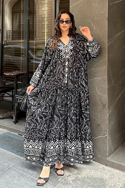ASEDE 100% Viscose Bohemian Alaçatı Dress V-Neck Ethnic Patterned Viscose Dress Suitable for Hijab