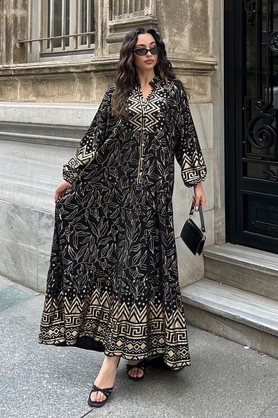 ASEDE 100% Viscose Bohemian Alaçatı Dress V-Neck Ethnic Patterned Viscose Dress Suitable for Hijab