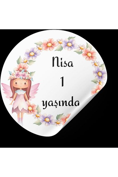 ARLetikettasarım Birthday Sticker Round with Fairy Girl 5X5 cm 70 Pcs -Arletikettaslan