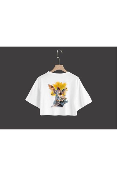 FHELIA Women's Ecru Cotton Crew Neck Printed Oversize Basic Crop T-Shirt