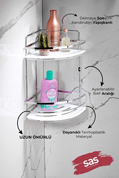 Sas Haus 2-Tier Adhesive Bathroom Corner Shelf – Adjustable Crystal Shelf (Stick-On/Screw-On) Chrome-White