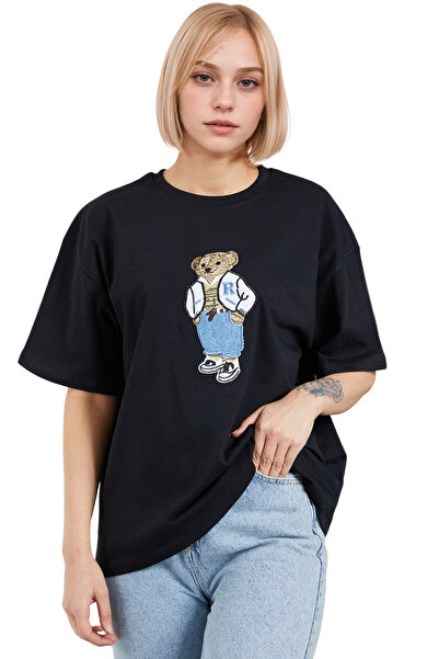 Caddebostan Moda تي شيرت تيدي بير مطرز كبير الحجم تي شيرت فضفاض فضفاض