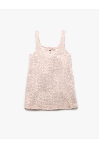 Koton Νέα σεζόν Φόρεμα Tweed Gilet με λουράκι με μαργαριταρένιο κουμπί με λεπτομέρεια στρογγυλή λαιμόκοψη