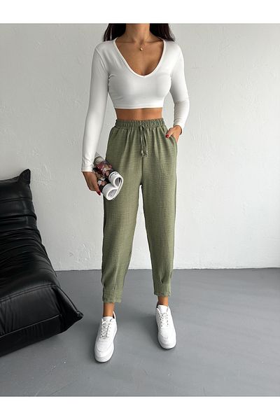 MaxiMor Women's Khaki Color Elastic Waist Linen Fabric Cuff Leg Authentic Baggy Trousers