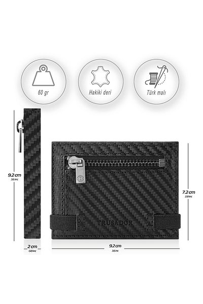 Trusador Marseille Carbon Zippered Genuine Leather Wallet with Mirror Elastic Rfid Protection Men Women