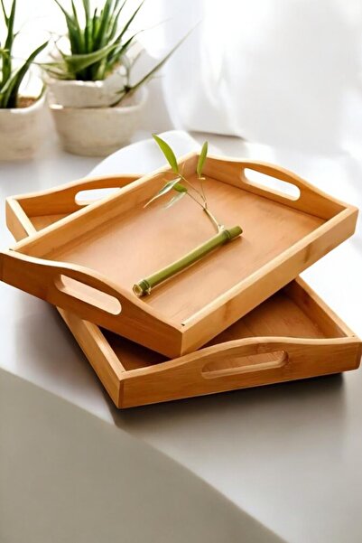 Mirilliahome Dikdörtgen Bambu Tepsi 2li Set - Çay Kahve Kahvaltı Sunum Servis...