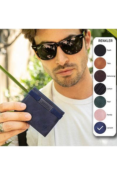 Trusador Marseille Navy Blue Zippered Genuine Leather Wallet with Mirror Elastic Rfid Protection Men Women