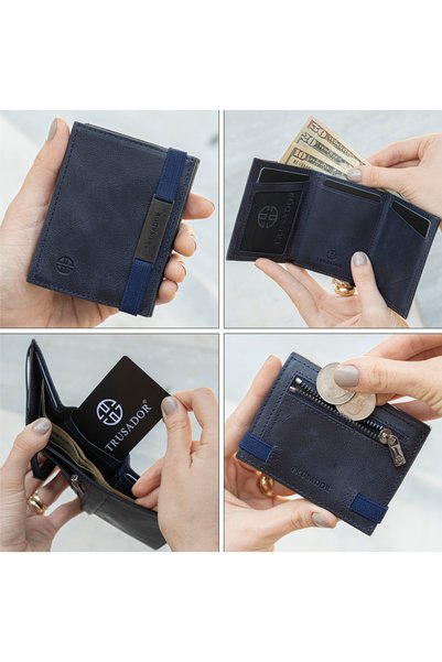 Trusador Marseille Navy Blue Zippered Genuine Leather Wallet with Mirror Elastic Rfid Protection Men Women