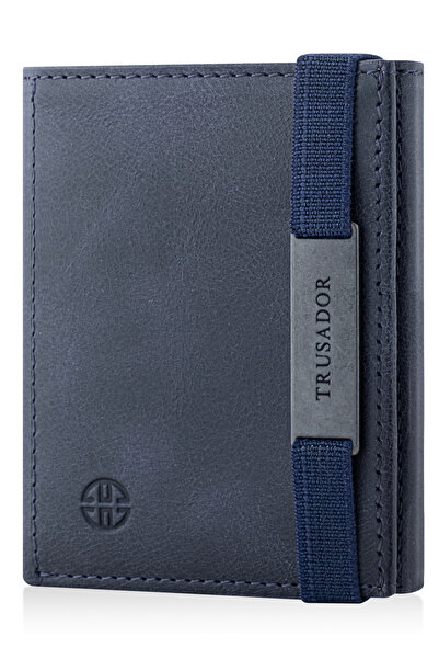 Trusador Marseille Navy Blue Zippered Genuine Leather Wallet with Mirror Elastic Rfid Protection Men Women
