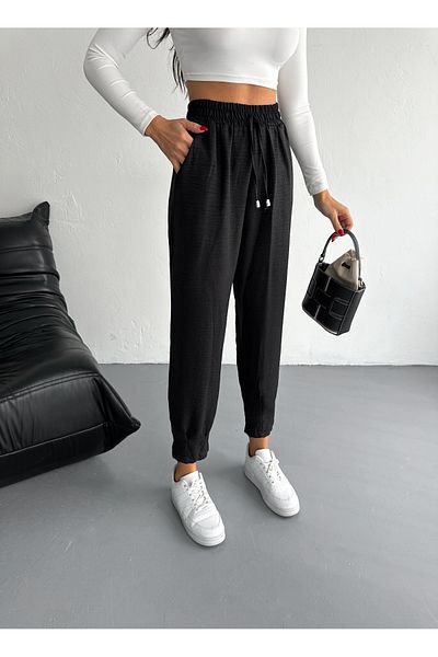 MaxiMor Women's Black Color Elastic Waist Linen Fabric Cuffed Leg Authentic Baggy Trousers