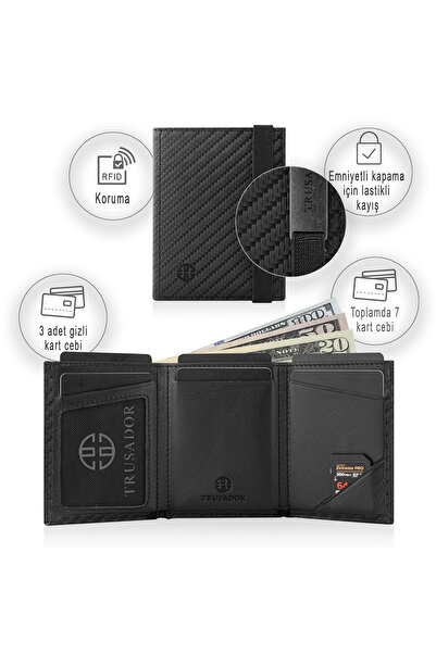 Trusador Marseille Carbon Zippered Genuine Leather Wallet with Mirror Elastic Rfid Protection Men Women