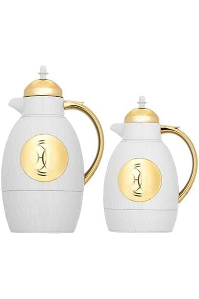 ALSAIF Coffee And Tea Vaccum Flask Set In Ivory/gold / Leak-proof And Keeps Drinks Hot 1.0/0.7 Liter