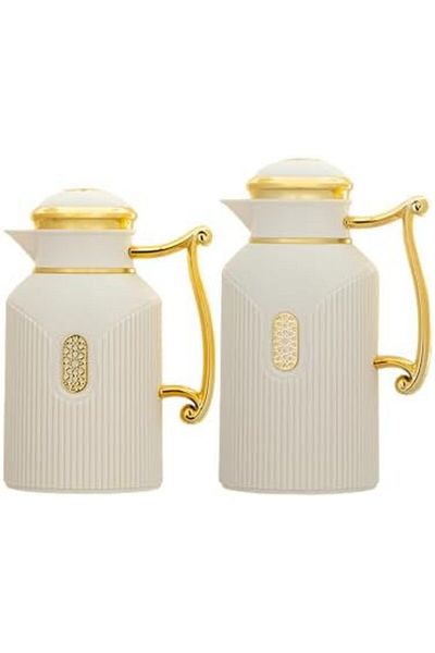ALSAIF Deva Coffee And Tea Vaccum Flask Set In Ivory/gold / Leak-proof And Keeps Drinks Hot 1.0/0.7 Liter