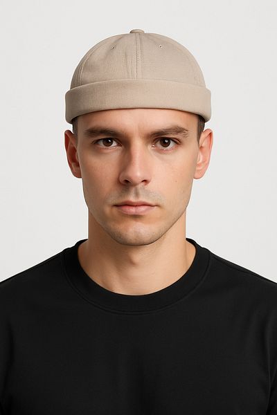 CosmoOutlet Adjustable Brimless Hip Hop Docker Beige Men's Hat from Cotton Fabric Back