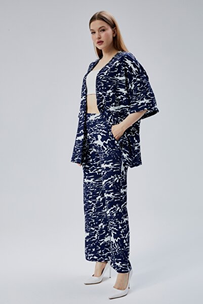 M MOONCOVER Mooncover Women's Casual Summer Kimono and Loose Pants with Pockets Two-Piece Set – Navy/White