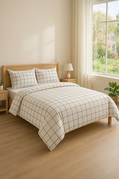 GARDEN ROOM Set cuvertură de pilota și fețe de pernă cu model alb în carouri duble
