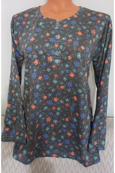 Anne Er Clothing Mother Pattern Combed Cotton Blouse Long-Sleeve 3 Buttons Smoke Flower