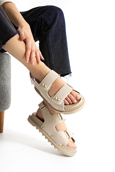 HVZ Exclusive صندل نسائي مسطح مريح بشريط فيلكرو مريح تشريحيًا باللون البيج