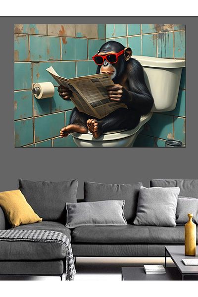 Tablomega Monkey in the Toilet with Glasses Moment Decorative Canvas - Mdf Wooden Painting