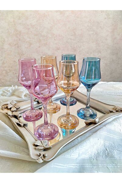 P H Panayır Home Colorful 135ml Water and Coffee Glass Set with Glass Goblet and for Presentation