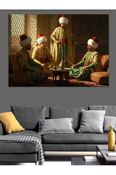 karizmart Hookah Enjoyment in Ottoman Decorative Canvas - Mdf Wooden Painting