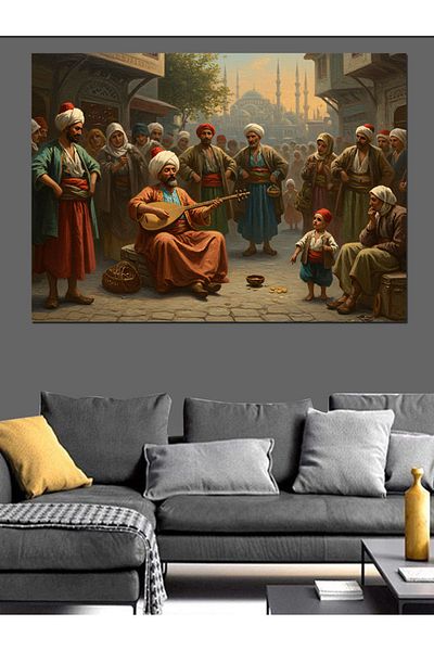 Tablomega Man Playing Saz on the Street Decorative Canvas - Mdf Wooden Painting