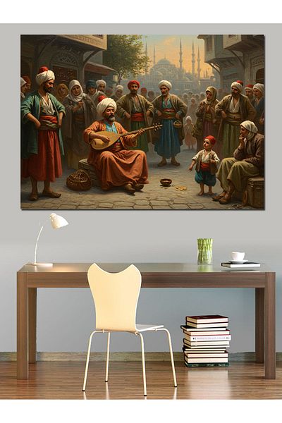 Tablomega Man Playing Saz on the Street Decorative Canvas - Mdf Wooden Painting