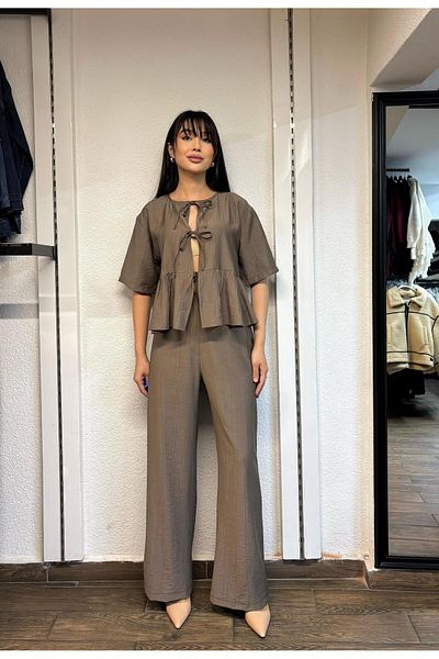 İNSUEL Balloon Sleeve Woven Blouse-Pants Suit Textured Fabric Binding Detail