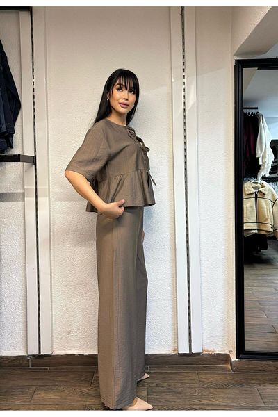 İNSUEL Balloon Sleeve Woven Blouse-Pants Suit Textured Fabric Binding Detail