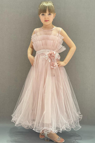 happyTekstil Kız Çocuk Robası Katlı Özel Gün Abiye Elbise - Pudra