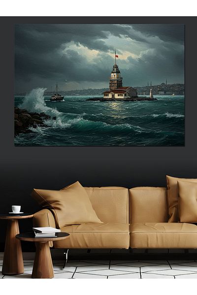 Tablomega Maiden's Tower Decorative Canvas in the Storm - Mdf Wooden Painting