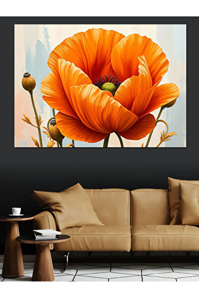 KanvasSepeti Floarea de mac portocaliu înflorită Pictură în ulei Texturată Pâ...