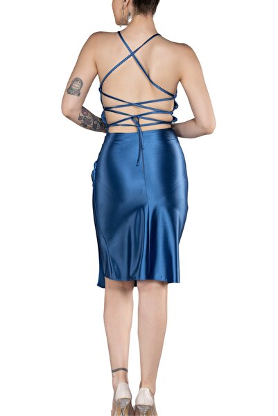 Arden Short Evening Dress, Satin Strap Draped Bodycon, Fit Back Cut-Out Midi Cocktail, Homecoming Dress, 36-40