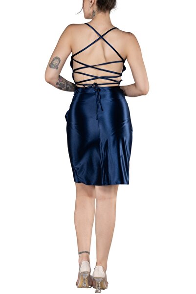 Arden Short Evening Dress, Satin Strap Draped Bodycon, Fit Back Cut-Out Midi Cocktail, Homecoming Dress, 36-40