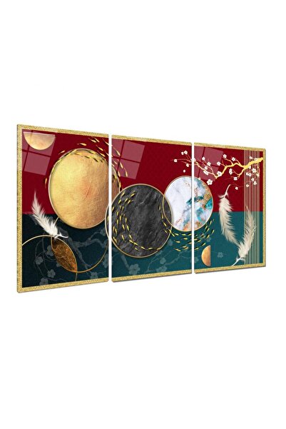 TAULART 3 LÜ HARİKA RENK UYUMU KIRMIZI GOLD TEMALI MODERN TASARIM KIRILMAZ CAM TABLO LÜKS TABLO EV HEDİYESİ