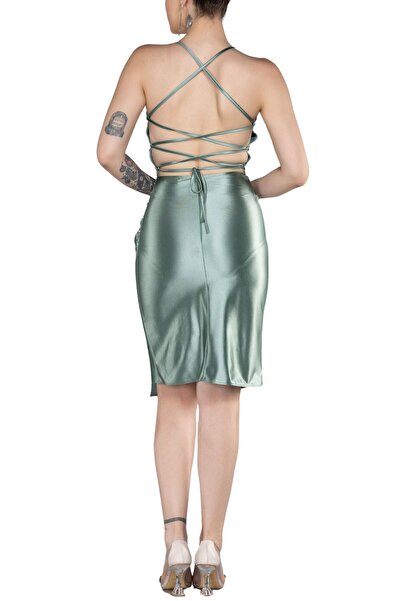 Arden Short Evening Dress, Satin Strap Draped Bodycon, Fit Back Cut-Out Midi Cocktail, Homecoming Dress, 36-40