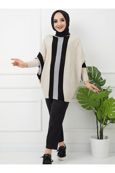 SAHRA BUTİK Front Striped Bat Knitwear Tunic - Ecru - Sahra Boutique