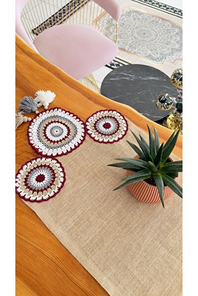 Konyaaltı Çeyizevi El Örgüsü Motifli Masa Örtüsü Jüt Kumaş Runner 40x140 cm
