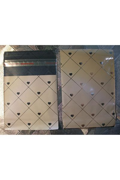 morlalem m 100 Pieces Heart Printed Beige Metalized Banded 10cm Gift Bag, Jewelry Engagement Mevlüt Henna Package