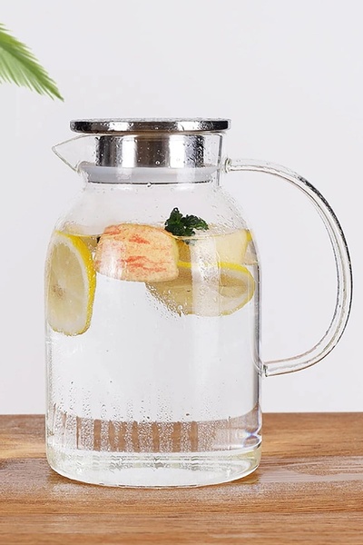 Berdina Home Sürahi Karaf Borosilikat Cam Kulplu Metal Kapaklı Sıcak Soğuk Ko...