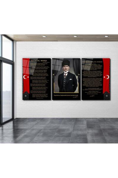 TAULART 3 LÜ ATATÜRK KÖŞESİ OKUL İÇİN İŞ YERİ İÇİN MODERN TASARIM KIRILMAZ CAM TABLO LÜKS TABLO EV HEDİYESİ