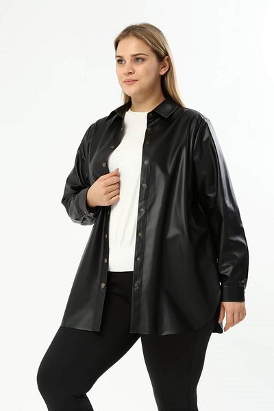 MYLİNE Faux Leather Belted Shirt Jacket