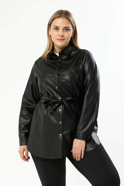 MYLİNE Faux Leather Belted Shirt Jacket