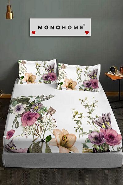 MonoHome Flower Shower Fitted Sheet 100% Cotton Oeko-Tex Certified 3D Digital 60 Wire