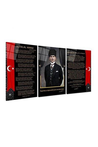 TAULART 3 LÜ ATATÜRK KÖŞESİ OKUL İÇİN İŞ YERİ İÇİN MODERN TASARIM KIRILMAZ CAM TABLO LÜKS TABLO EV HEDİYESİ