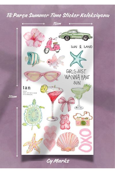 alışveriş kurdu Summer Time Sticker Set 18 Pieces - Planner Agenda Tablet Phone Laptop Sticker Label