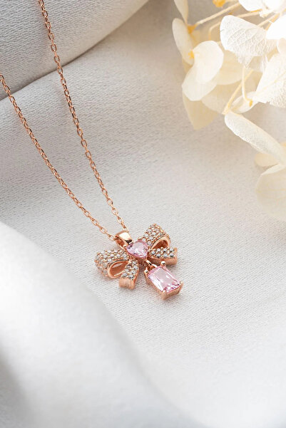VAOOV 925 Ayar Gümüş Pembe Baget Taşlı Kalpli Kurdele Kolye