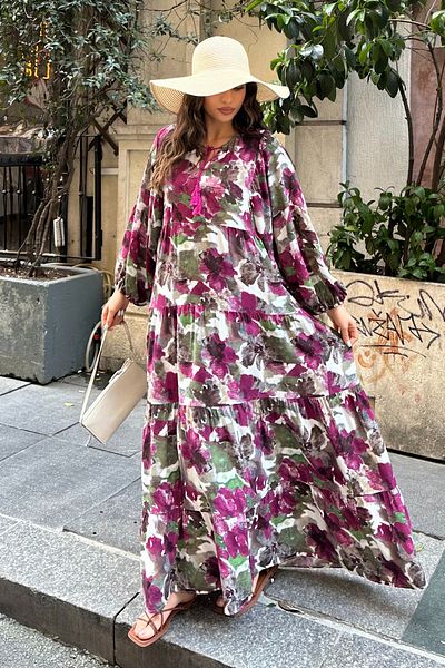 ASEDE 100% Viscose Bohemian Alaçatı Dress V-Neck Ethnic Patterned Viscose Dress Suitable for Hijab